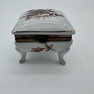 VTG Kalk German Golded Flower Porcelain Trinket Handmade Box C1955 Footed *READ